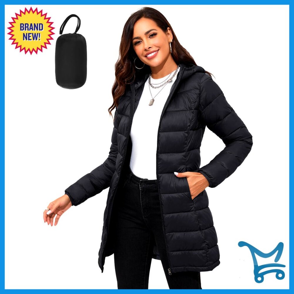 Packable Puffer Jacket Lightweight Hooded Quilted Mid-Length Winter Coat